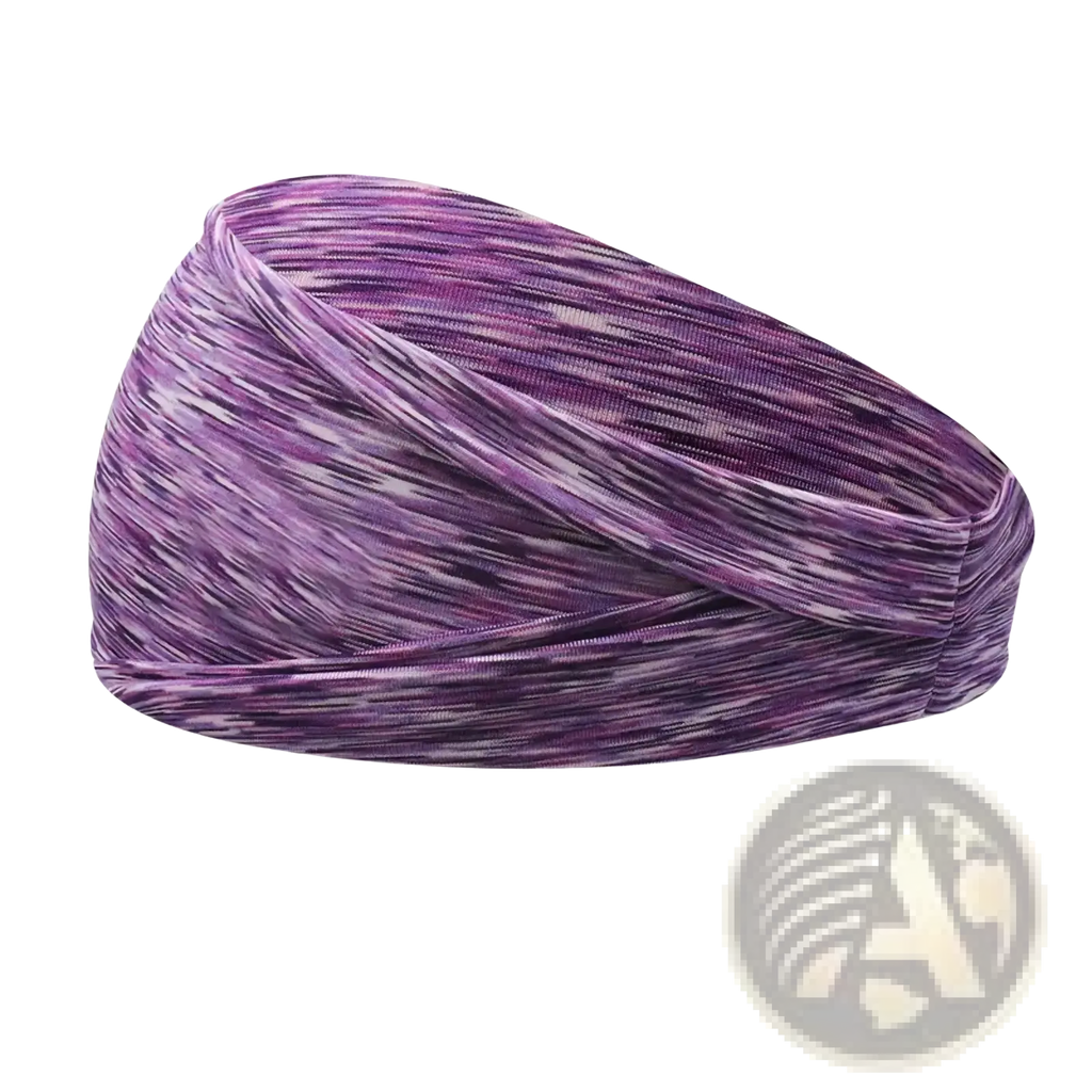 A dark purple marbled moisture wicking sports headband with a twisted design for athletic use