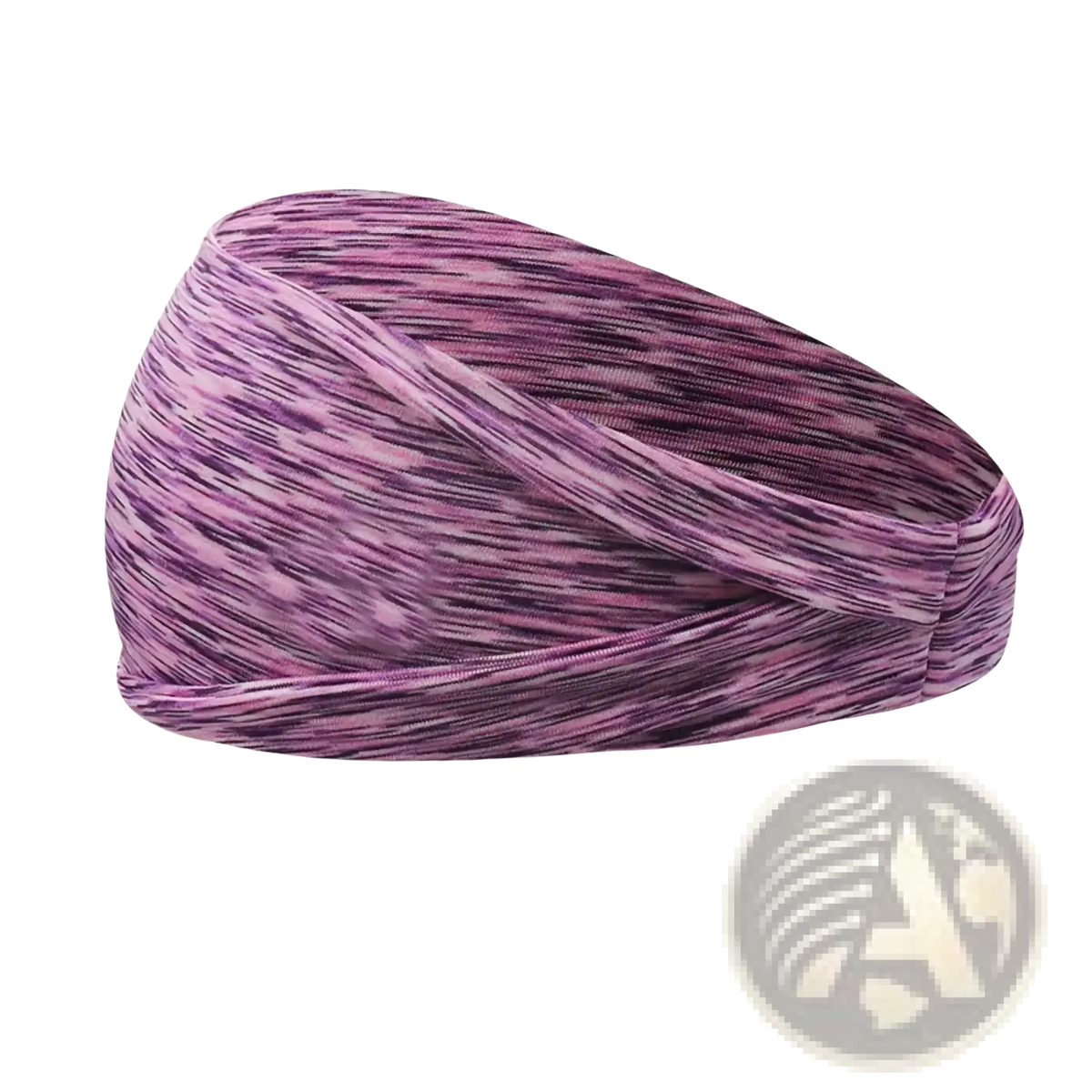 A striped purple moisture wicking sports headband with pink marbled pattern made from stretchy fabric for athletic use