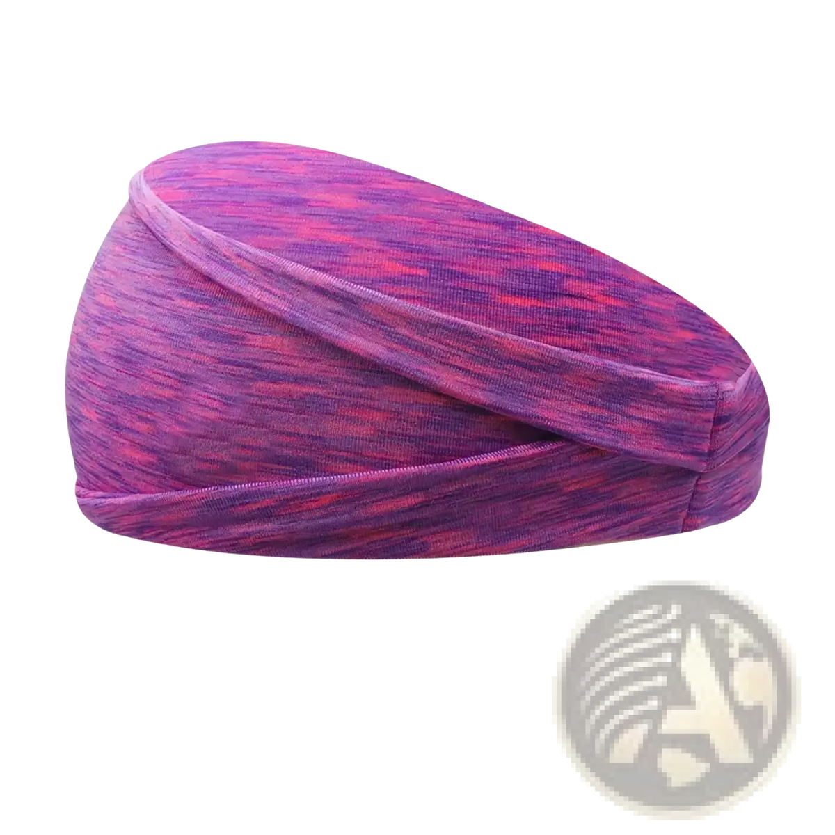 A stretchy reddish purple sports headband with marbled texture and soft moisture wicking fabric for athletic use