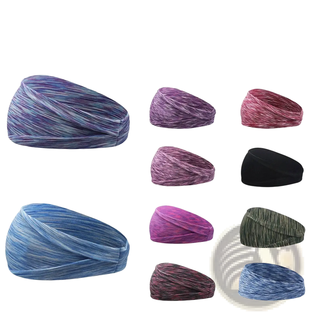 A stretchy multicolored sports headband with moisture wicking marled fabric and a twisted design for athletic use