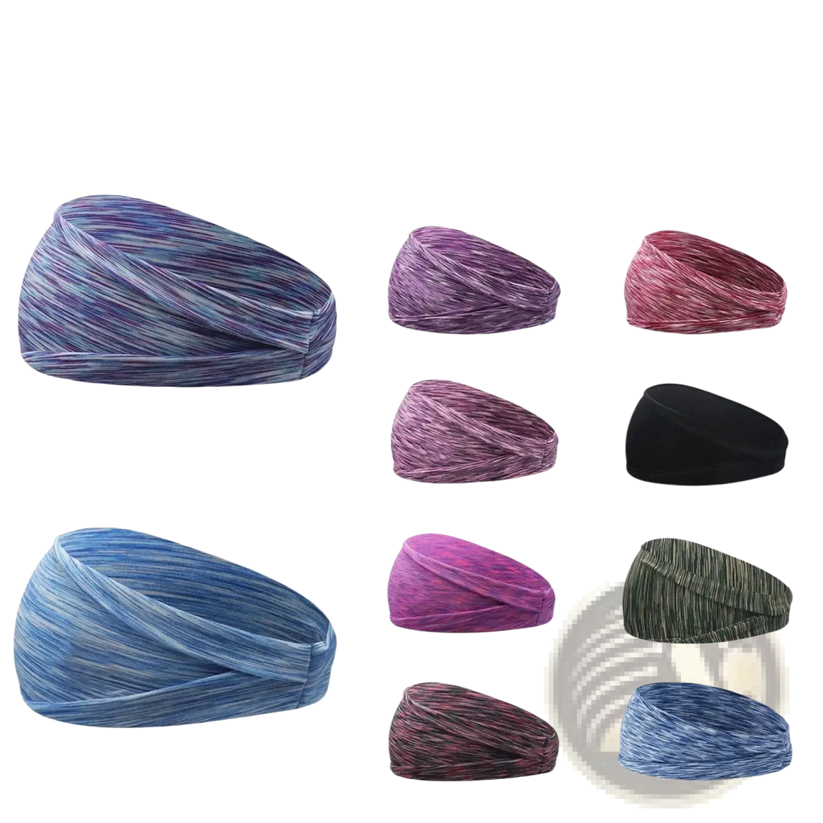 A stretchy multicolored sports headband with moisture wicking marled fabric and a twisted design for athletic use