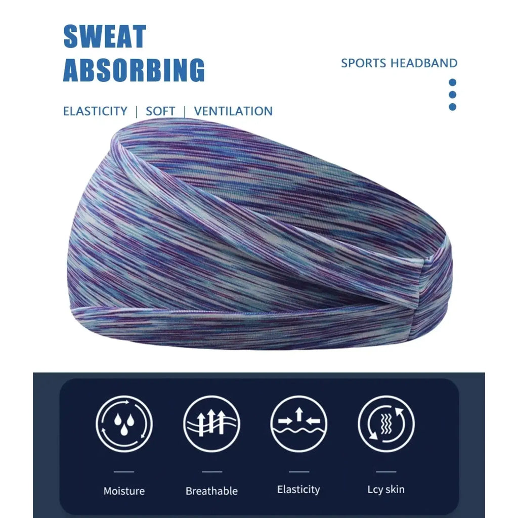 A stretchy moisture-wicking sports headband with a swirling purple blue and white pattern for athletic use