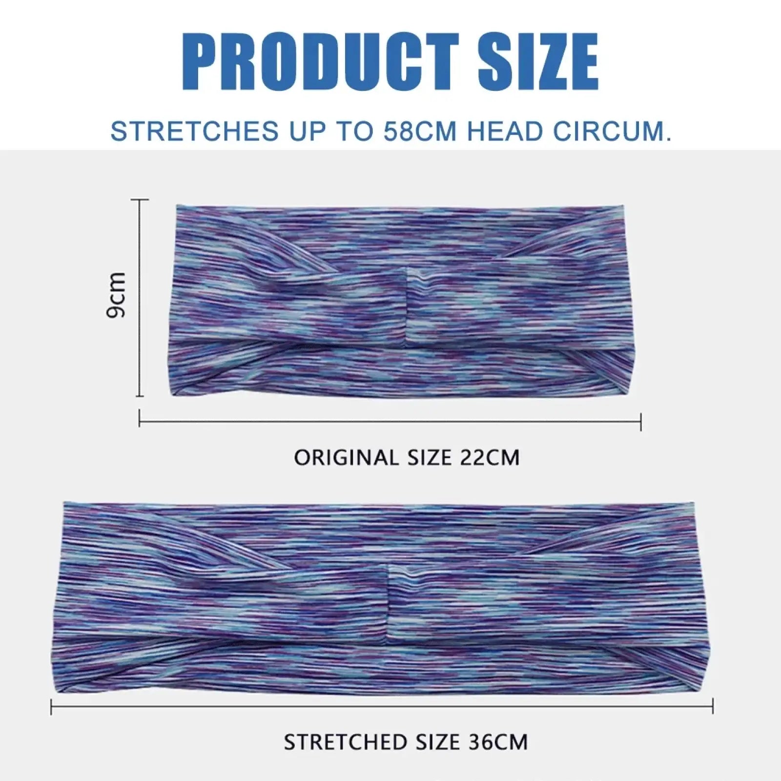 A stretchy moisture wicking sports headband with a knotted design and vibrant purple and blue marbled pattern