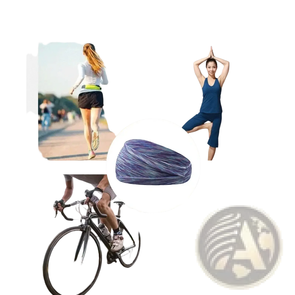 A striped stretchy sports headband in purple and blue with moisture wicking fabric for athletic use