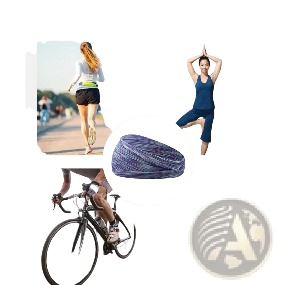A striped stretchy sports headband in purple and blue with moisture wicking fabric for athletic use