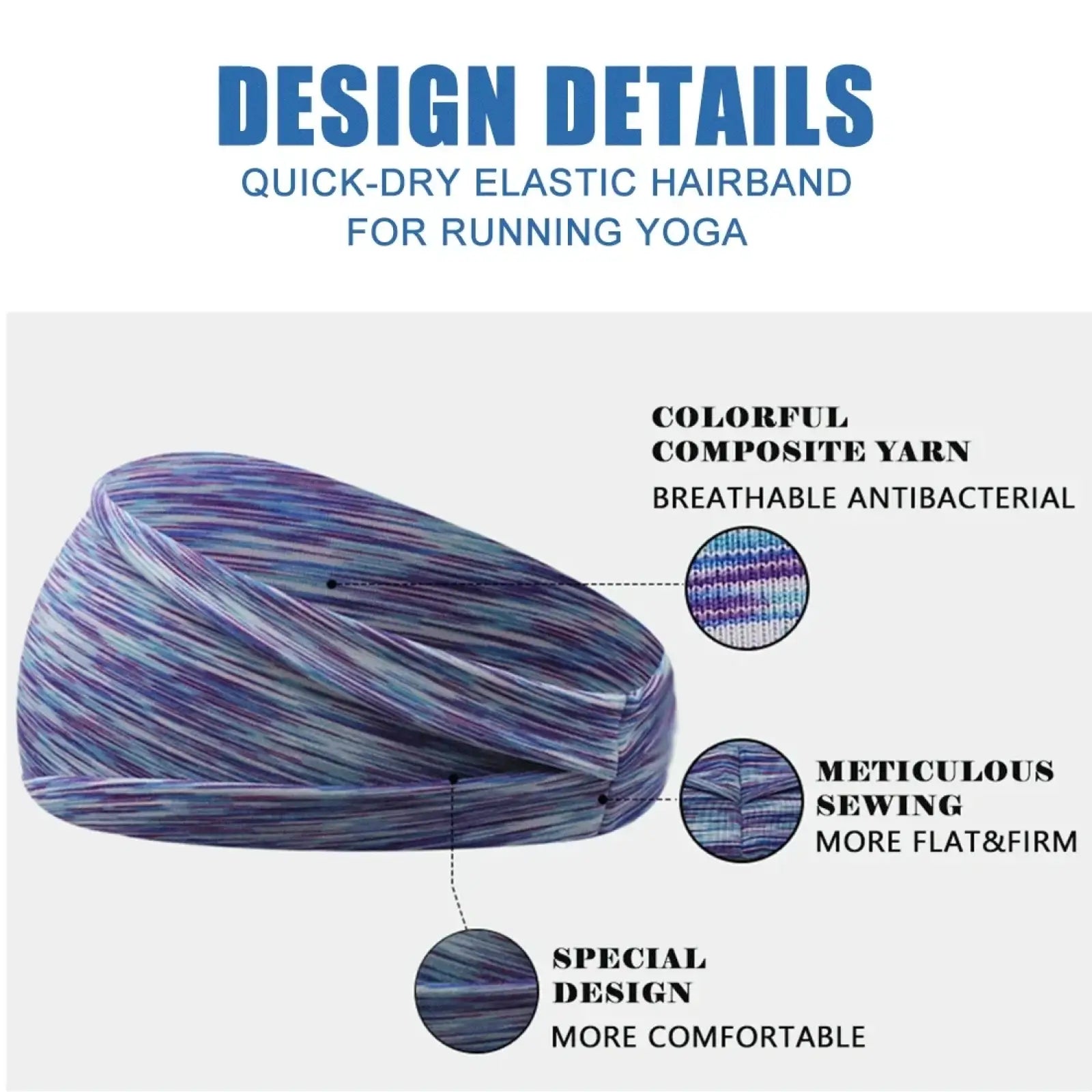 A vibrant multicolored sports headband made of quick-dry composite yarn with moisture-wicking and antibacterial finish