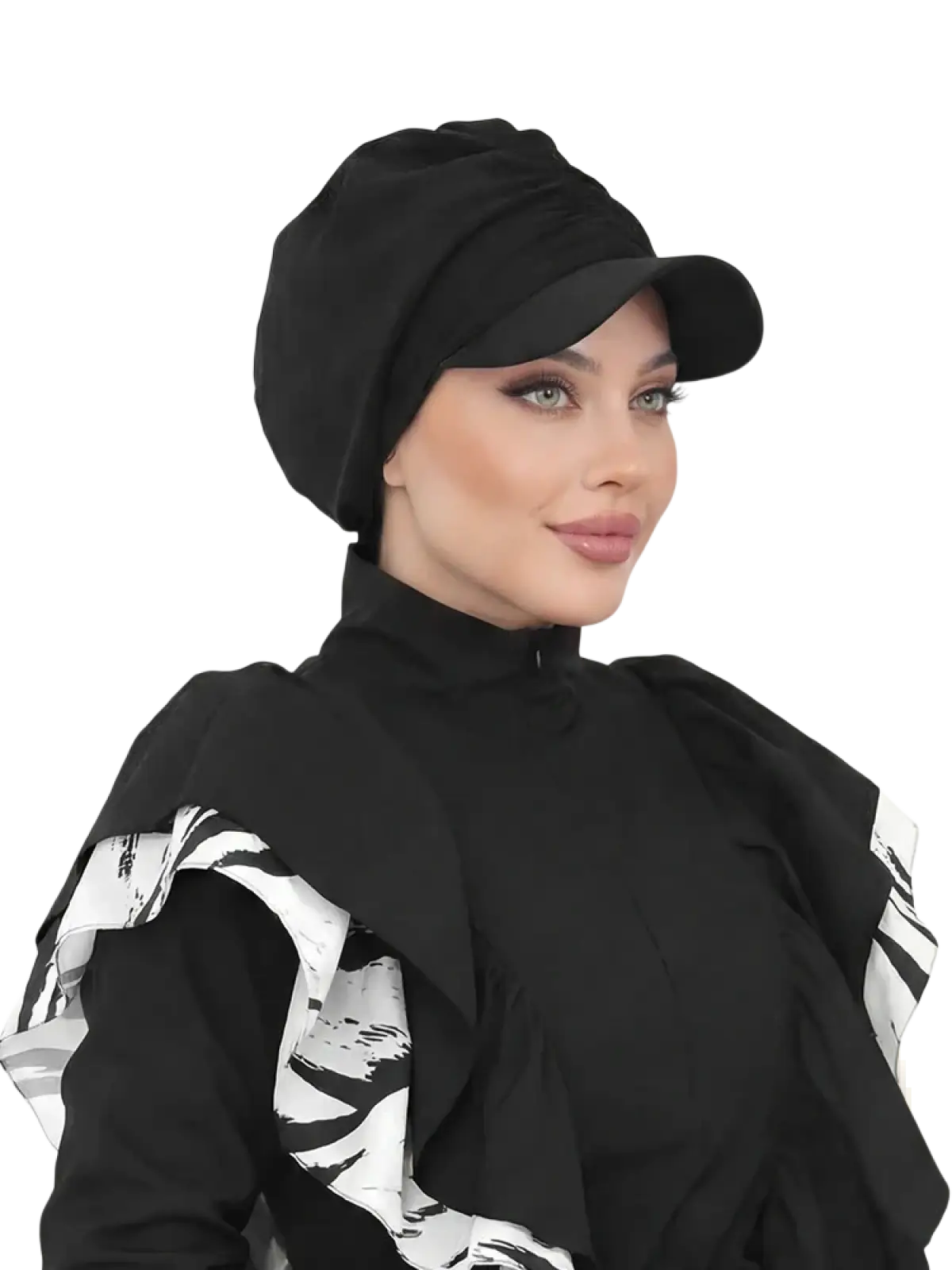 Sports hijab baseball cap in solid black fabric with structured rounded crown and soft brim for active wear