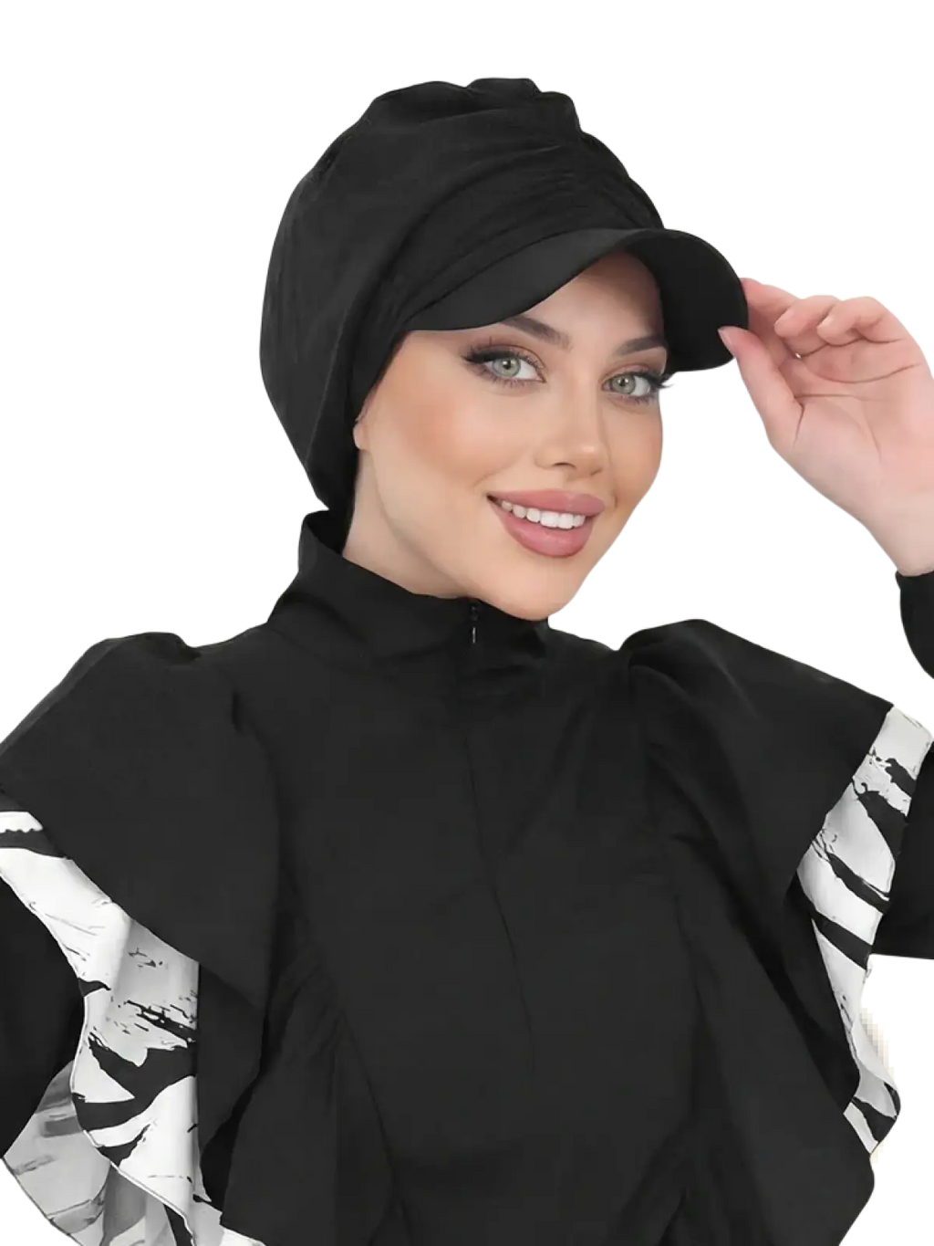 Black sports hijab baseball cap with structured curved brim and soft folds made of breathable fabric