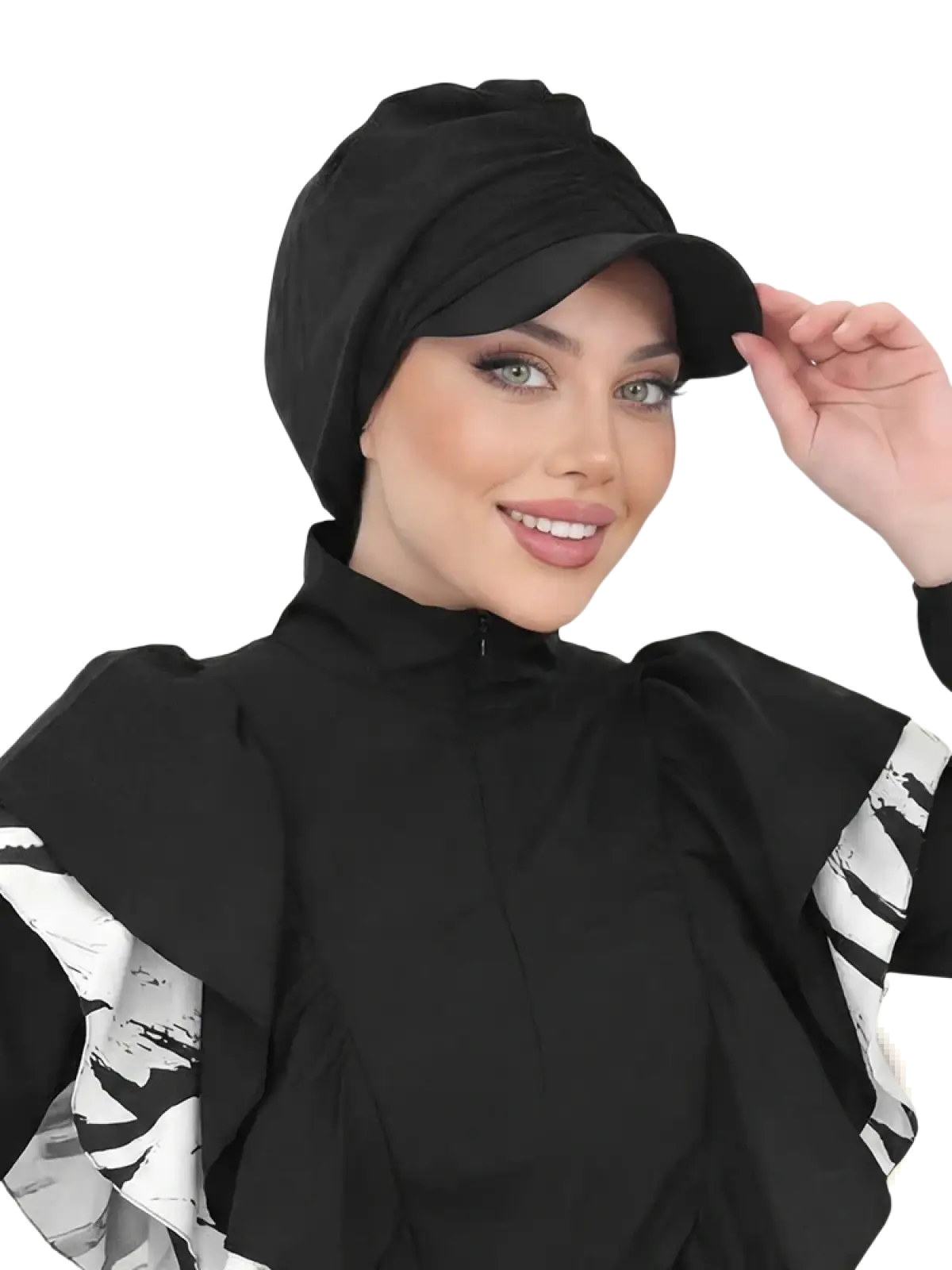 Black sports hijab baseball cap with structured curved brim and soft folds made of breathable fabric
