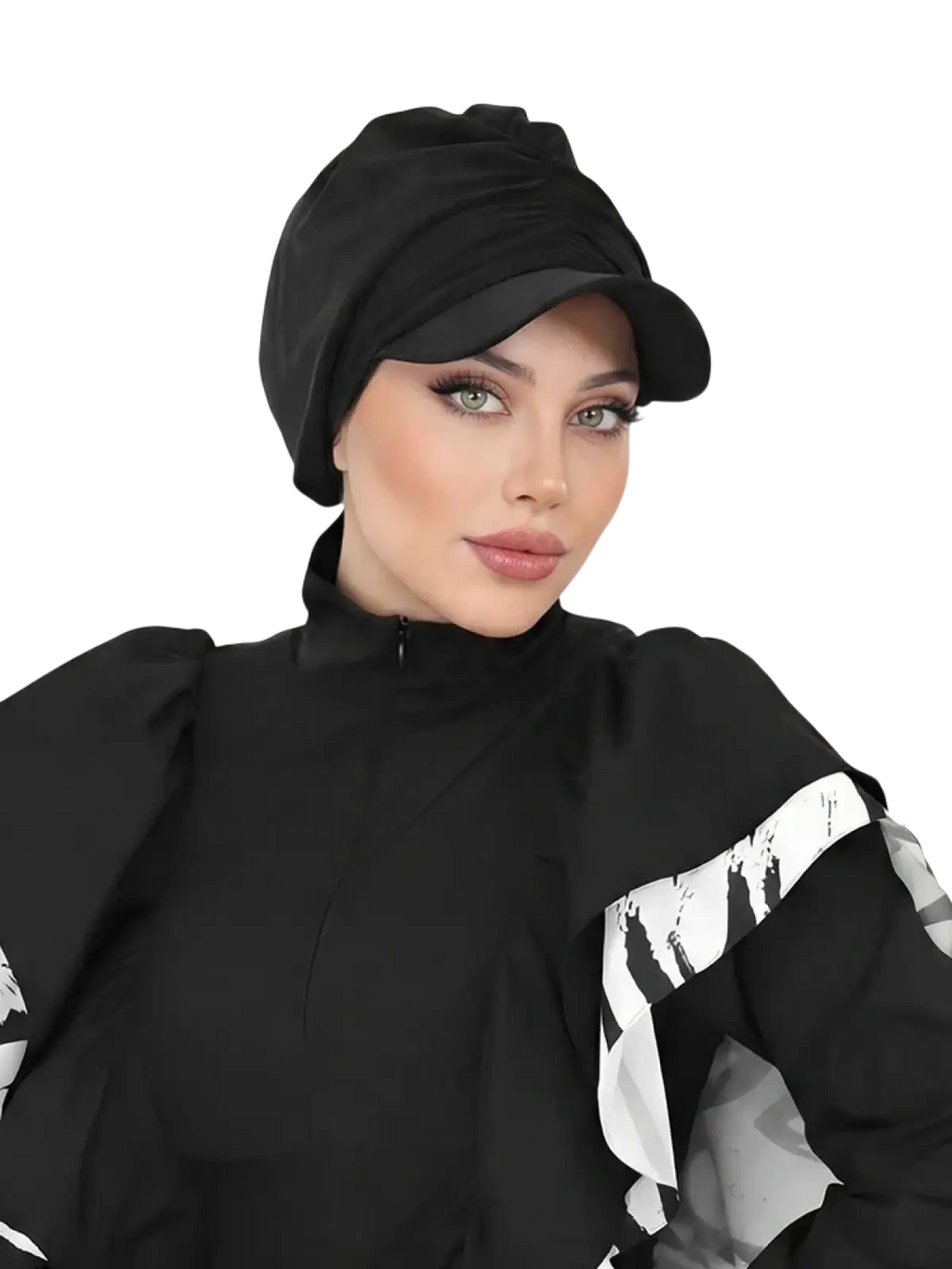 Sports hijab baseball cap in solid black with structured ruched crown and soft brim made of black fabric