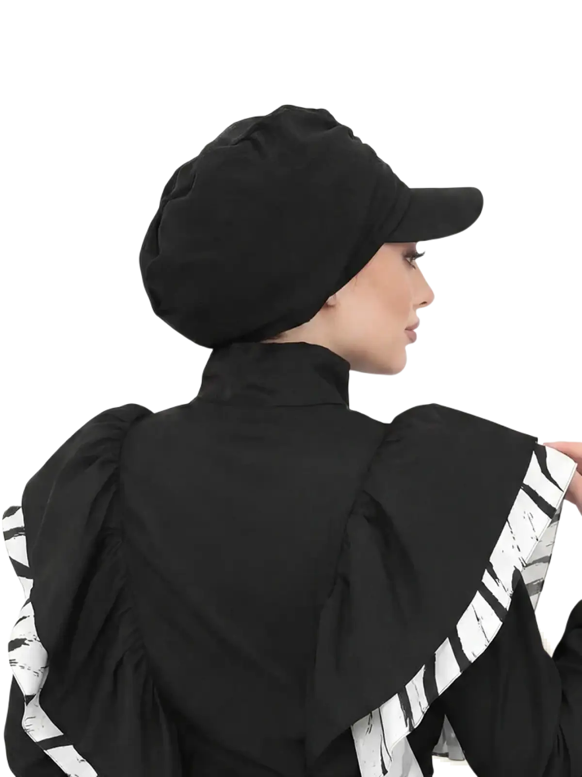 Sports hijab baseball cap in solid black with structured puffed crown and curved brim for active use