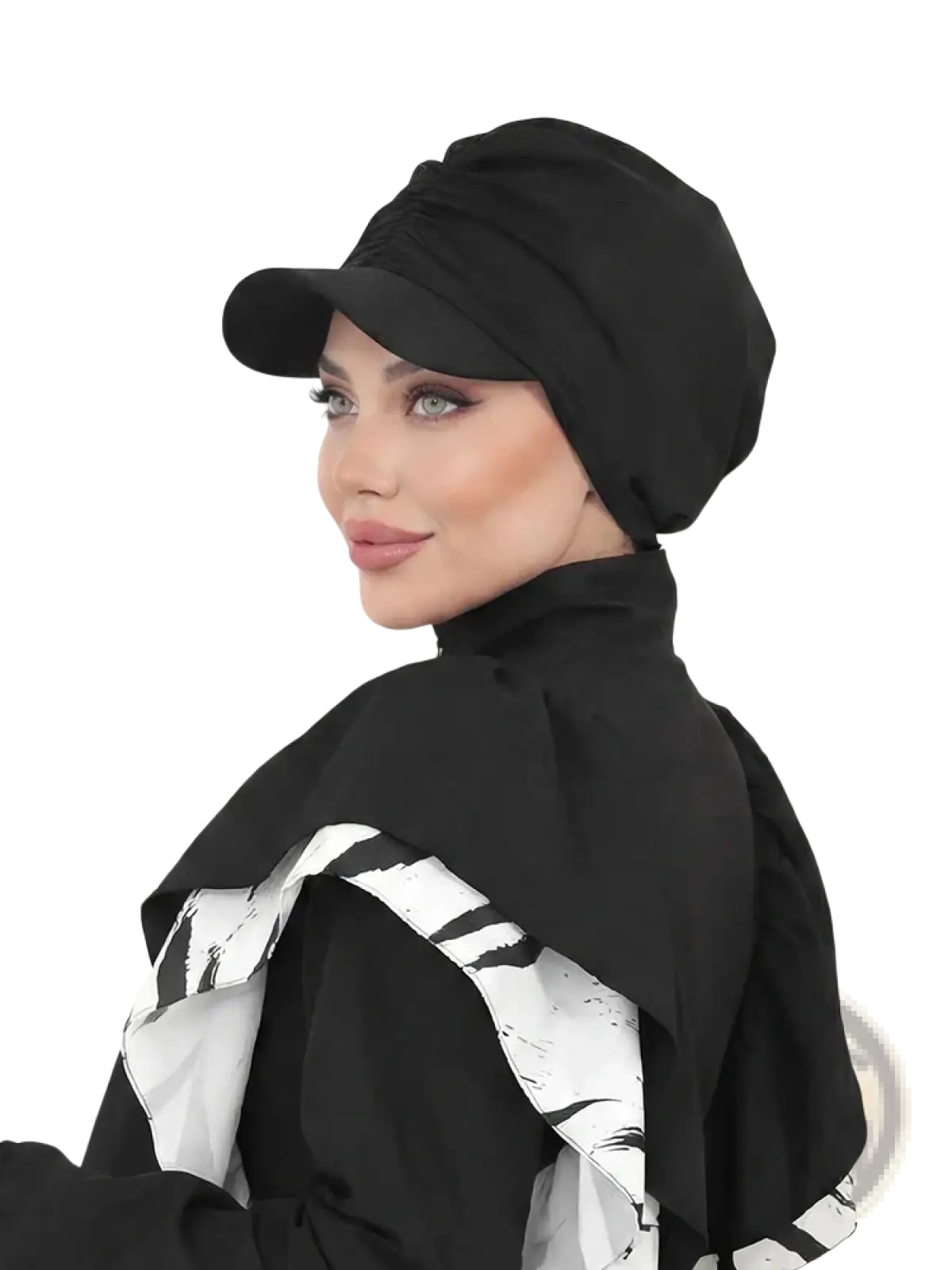 Black fabric sports hijab baseball cap with structured rounded crown and curved brim for athletic use