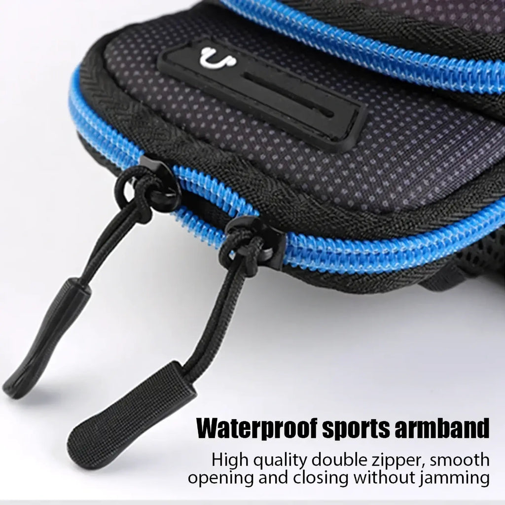 Black and blue waterproof sports phone armband with mesh texture double zipper closure and black pull tabs for running
