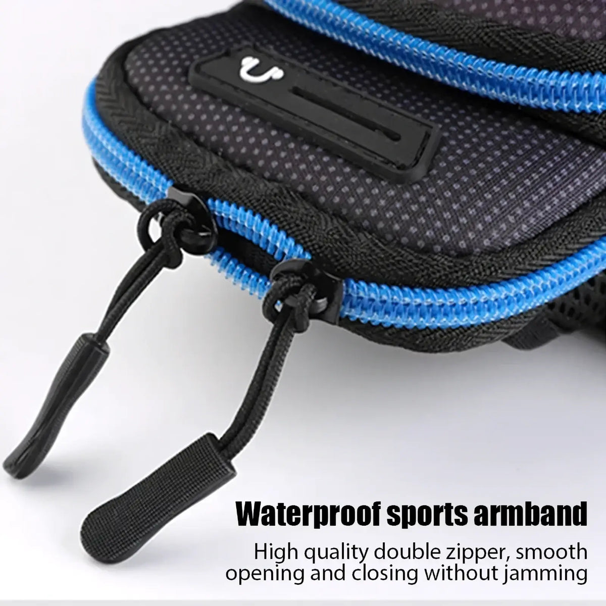 Black and blue waterproof sports phone armband with mesh texture double zipper closure and black pull tabs for running