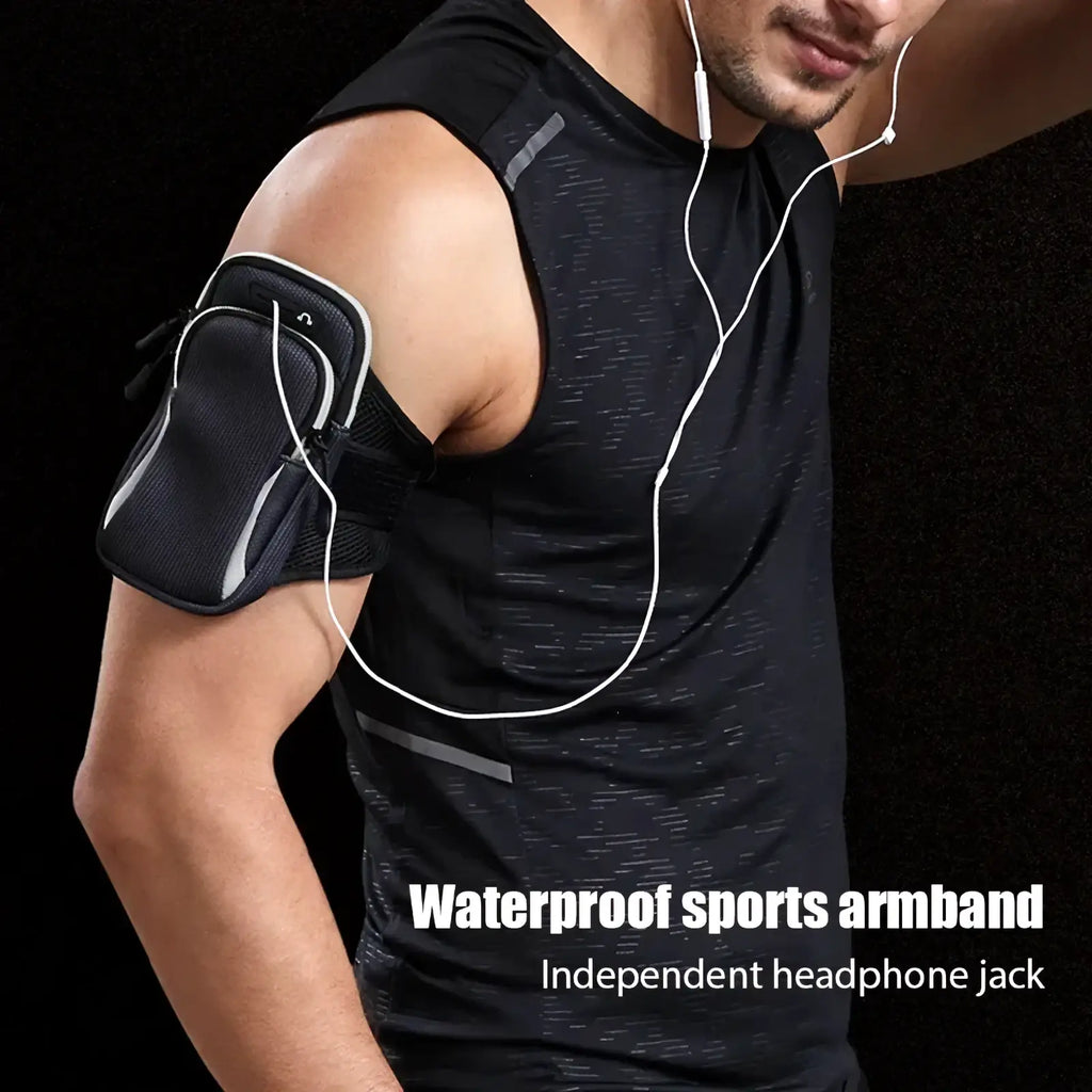 Black mesh waterproof sports phone armband with silver trim and independent headphone jack for running use