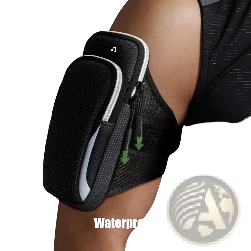 Black waterproof sports phone armband with white zipper trim and mesh detailing for running and fitness activities