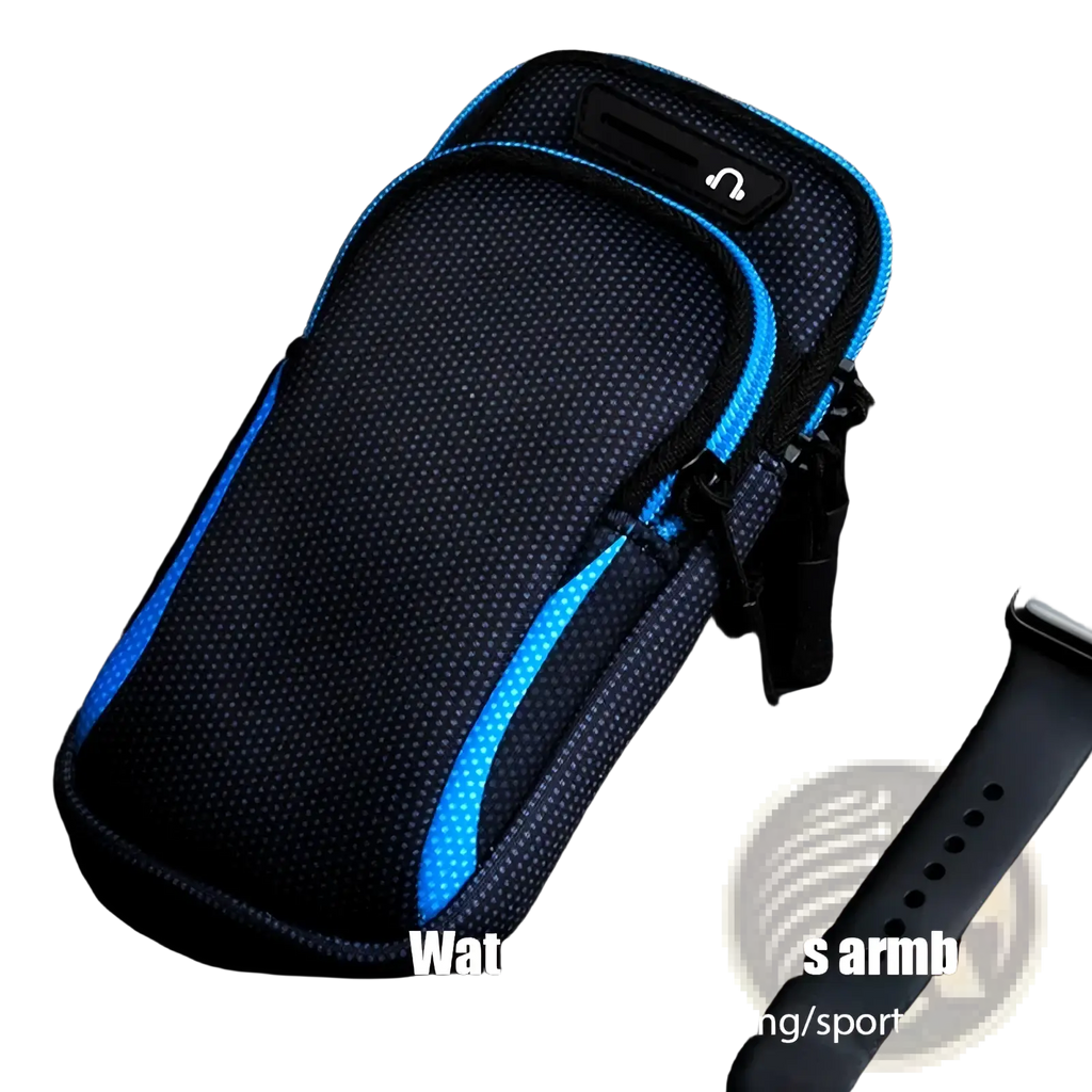 Blue and black waterproof sports phone armband with textured mesh fabric, zipper closure, and headphone icon for running