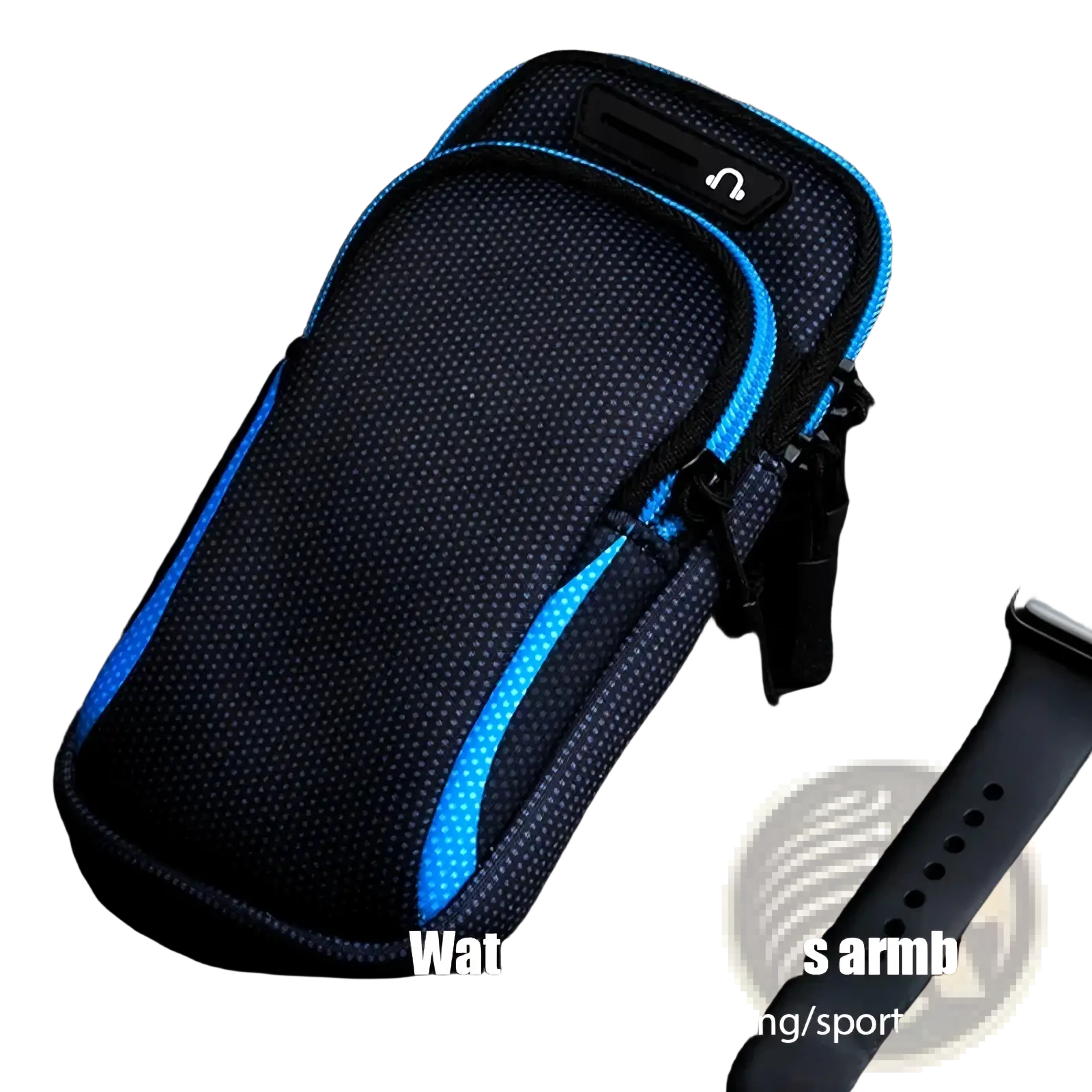 Blue and black waterproof sports phone armband with textured mesh fabric, zipper closure, and headphone icon for running