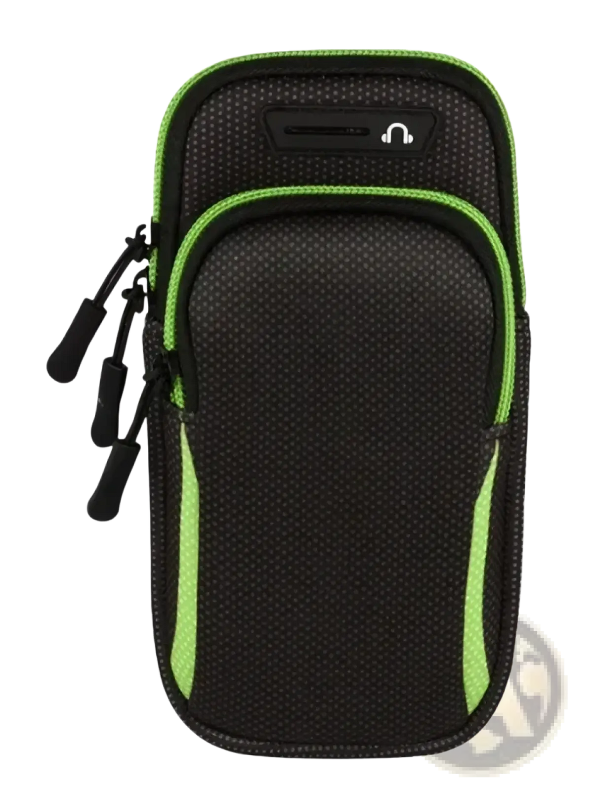 Sports phone armband waterproof running holder in black and neon green mesh with zipper closure for secure fit