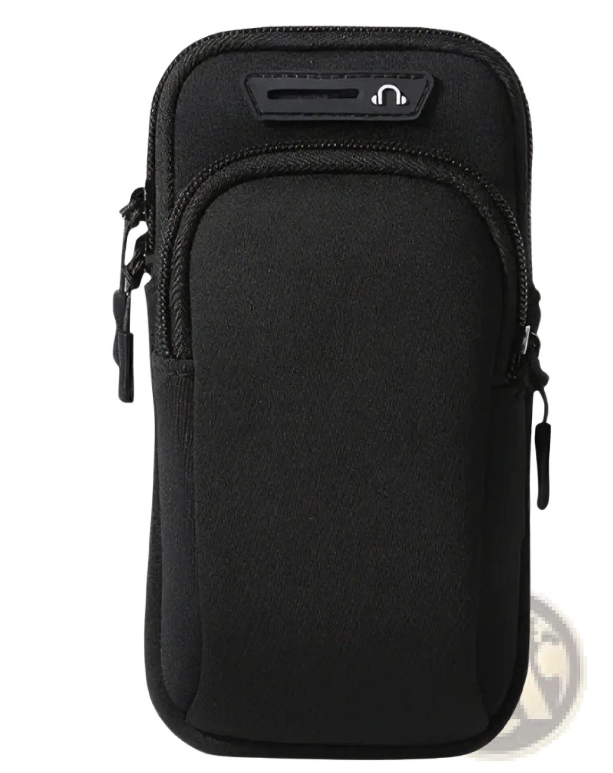 Black neoprene sports phone armband with zipper closure and headphone icon patch for running and waterproof use