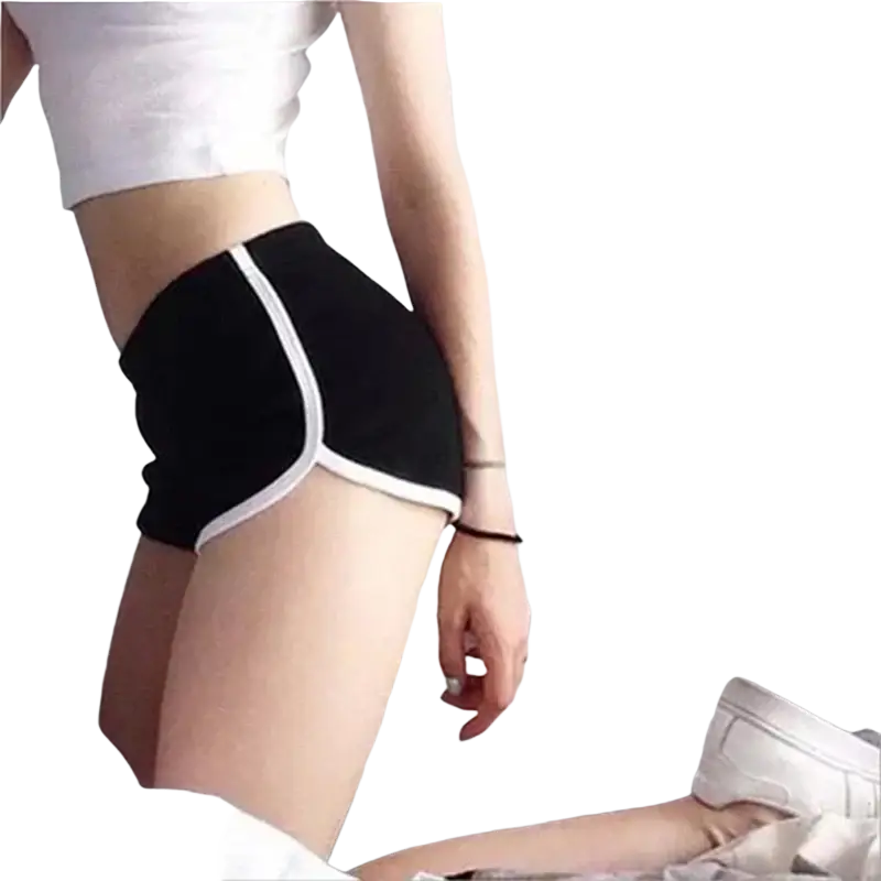 Black sports shorts women with elastic waist and white side stripes designed for casual athletic use