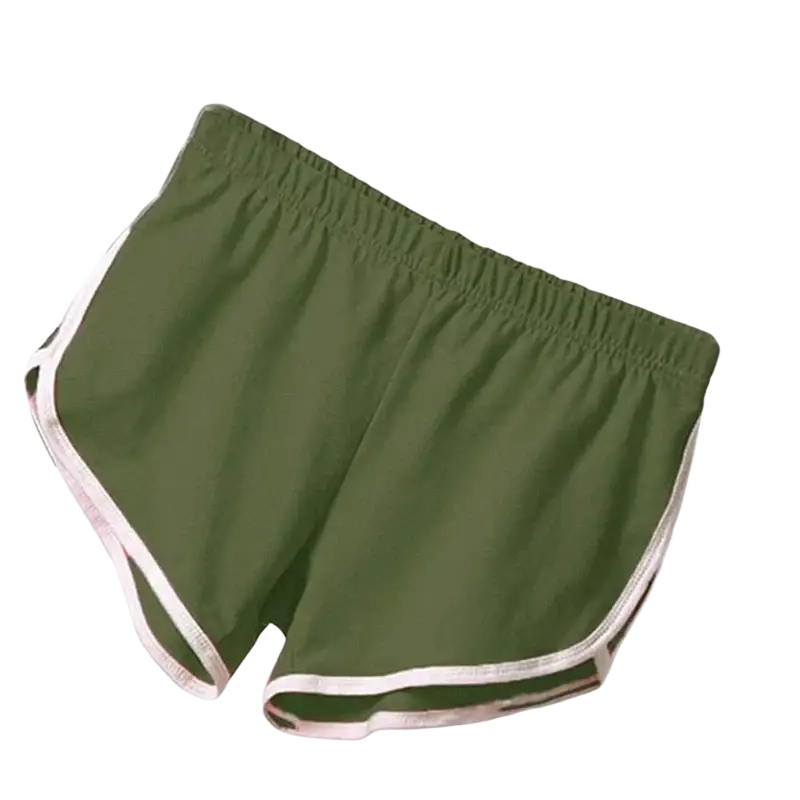 Olive green sports shorts women with elastic waist and white trim for casual athletic use