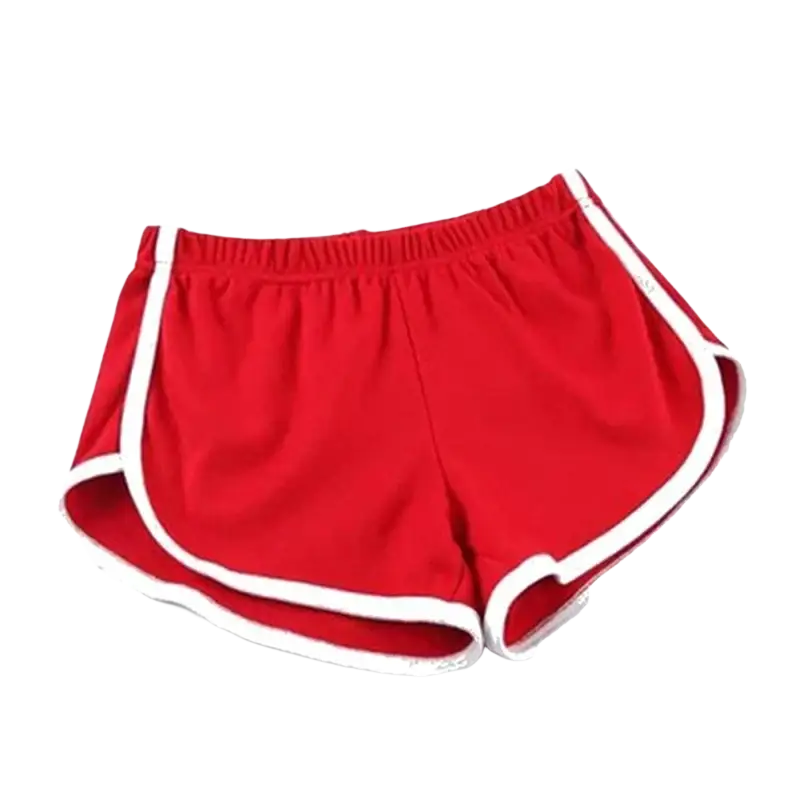 Red sports shorts women with elastic waist and white trim ideal for casual athletic use