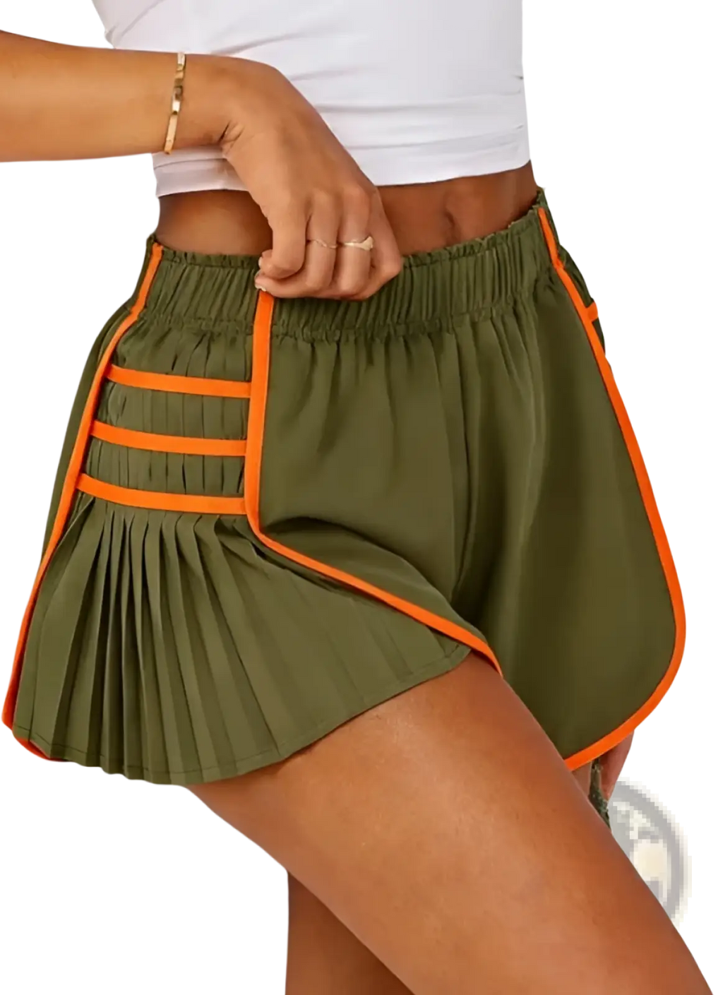 Sporty high waisted olive green pleated shorts with bold orange contrast trim and side slits ideal for activewear