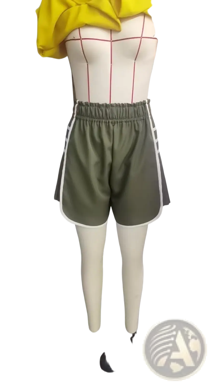 Olive green high waisted athletic shorts with white pleated contrast trim and side stripes on mannequin