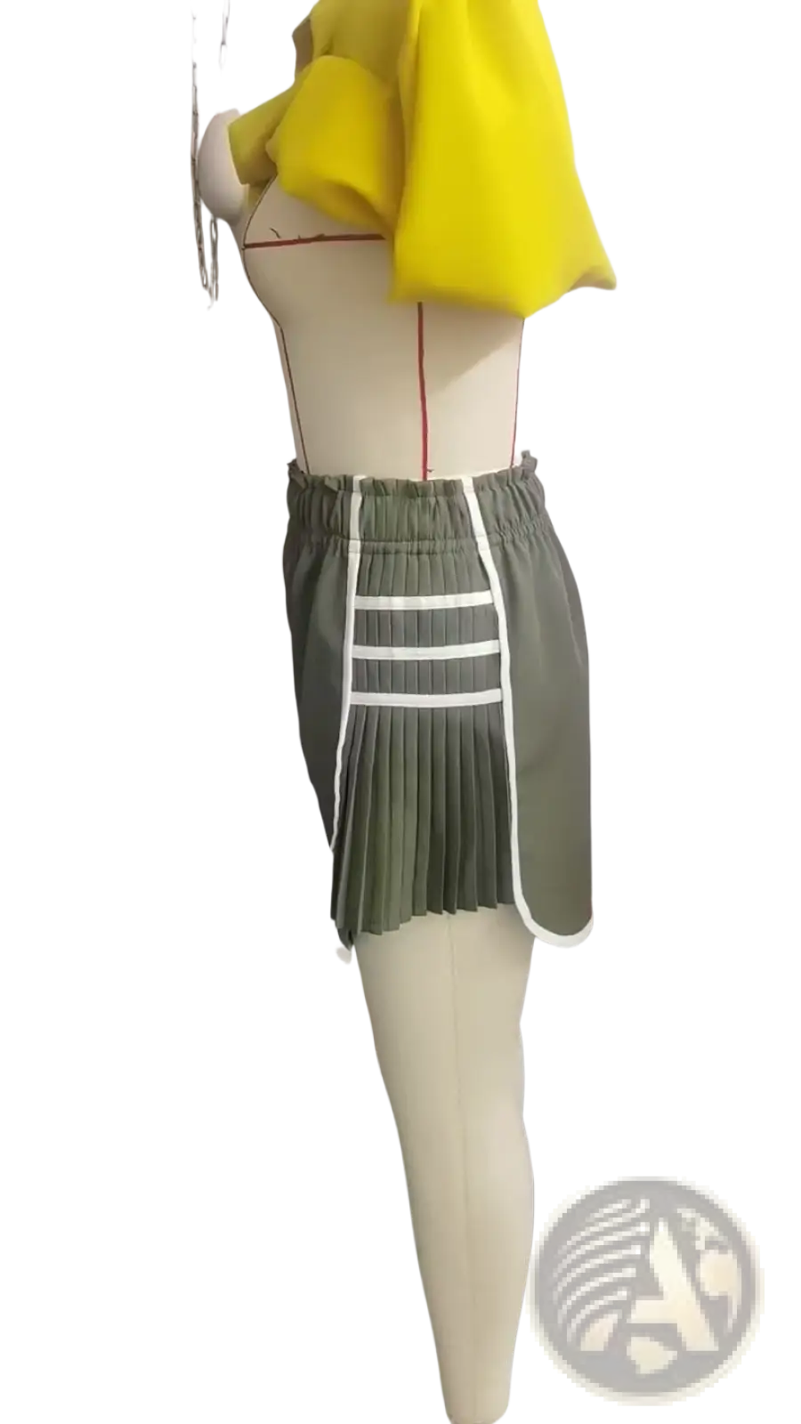 Back view of olive green sporty pleated shorts with white trim high waisted featuring three horizontal stripes