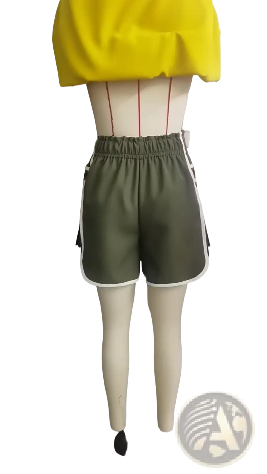 Olive green high waisted athletic shorts with white side stripes and drawstring waistband sporty pleated design