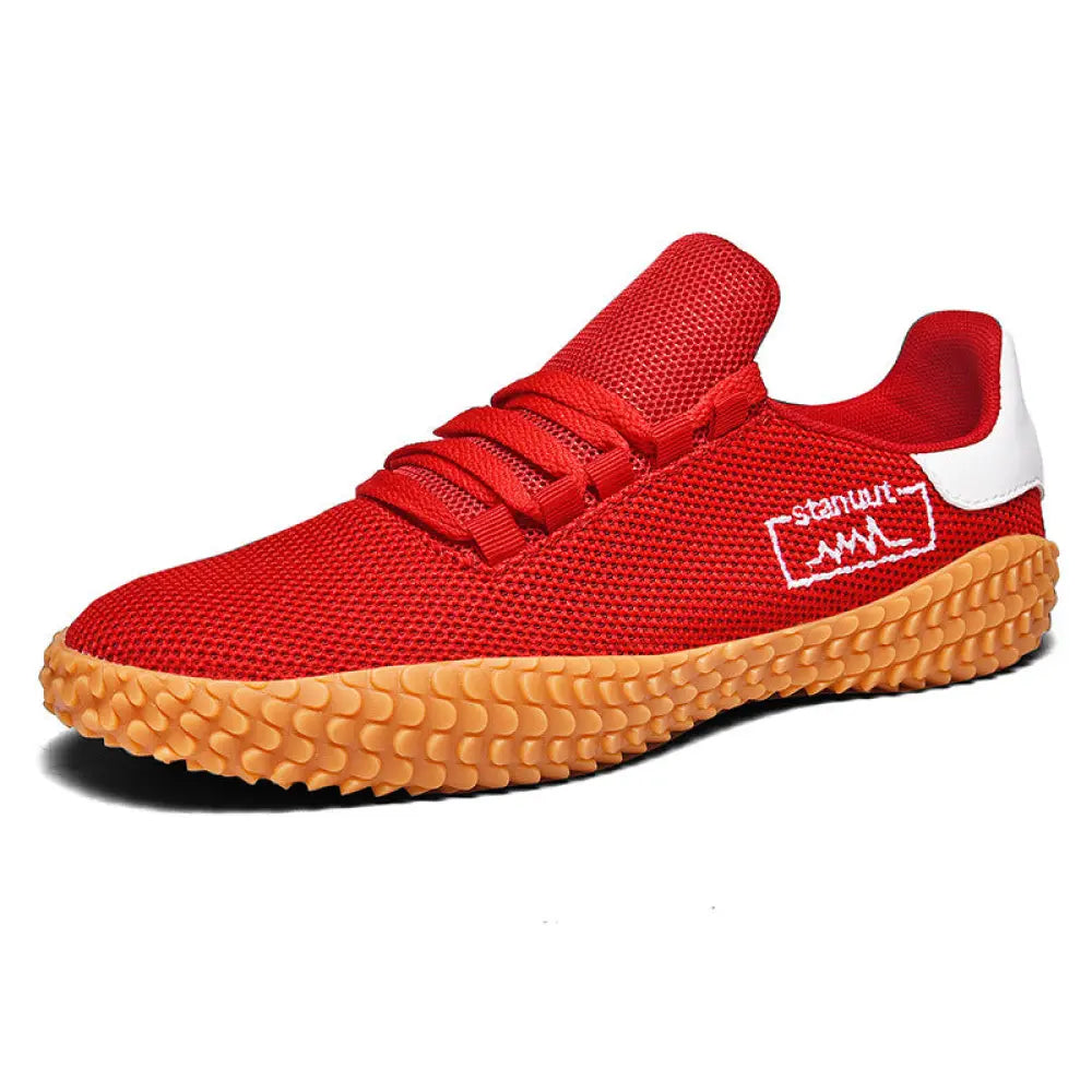 Men’s breathable flying woven mesh Korean sneaker in red with tan sole white heel tab and stamnut logo embroidered on side