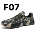 Men’s breathable flying woven mesh Korean sneakers in camouflage with olive green and beige tones and textured rubber sole