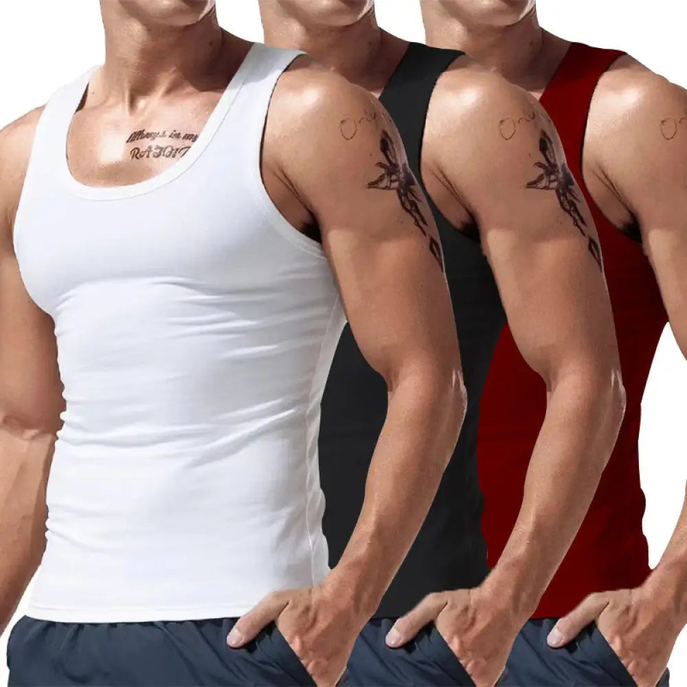 Men’s 3-piece multicolor summer tank top set featuring white, black, and red sleeveless stretchy cotton tops with scoop neckline