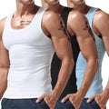 Men’s three-piece fitted tank top set in white black and light blue ideal for summer casual wear