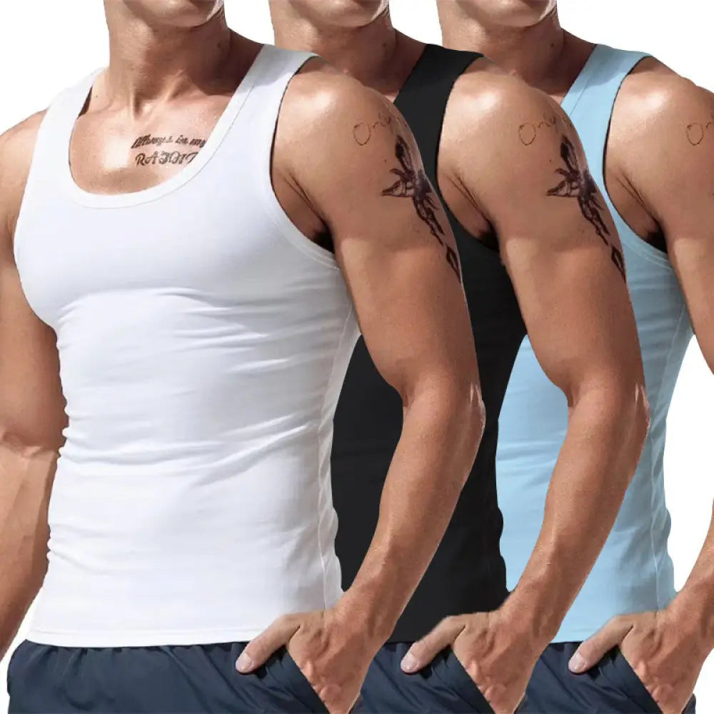 Men’s three-piece fitted tank top set in white black and light blue ideal for summer casual wear