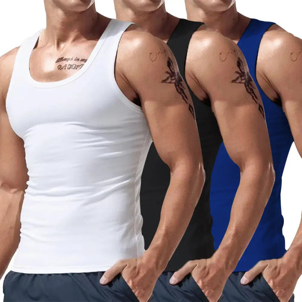 Men’s 3-piece multicolor summer tank top set with white black and blue stretchy fabric sleeveless scoop neckline shirts