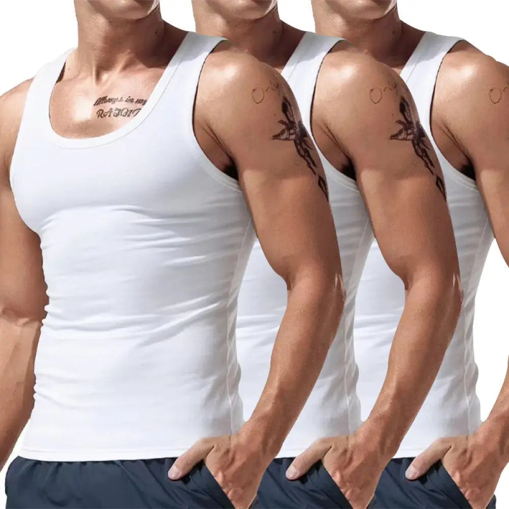 White men’s fitted tank top with scoop neckline sleeveless design part of multicolor summer 3-piece set