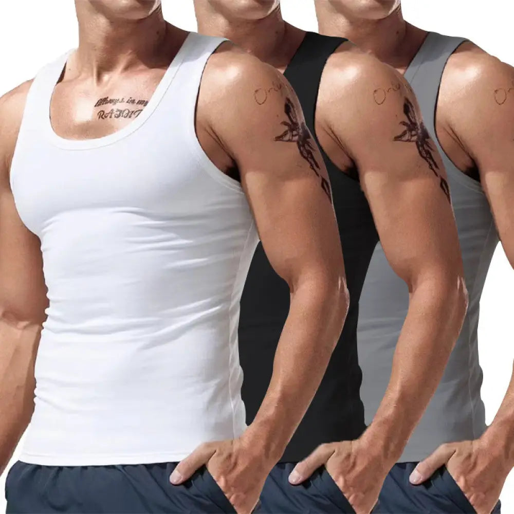 Men’s 3-piece multicolor summer tank top set with white, black, and gray sleeveless stretchy scoop neck tops