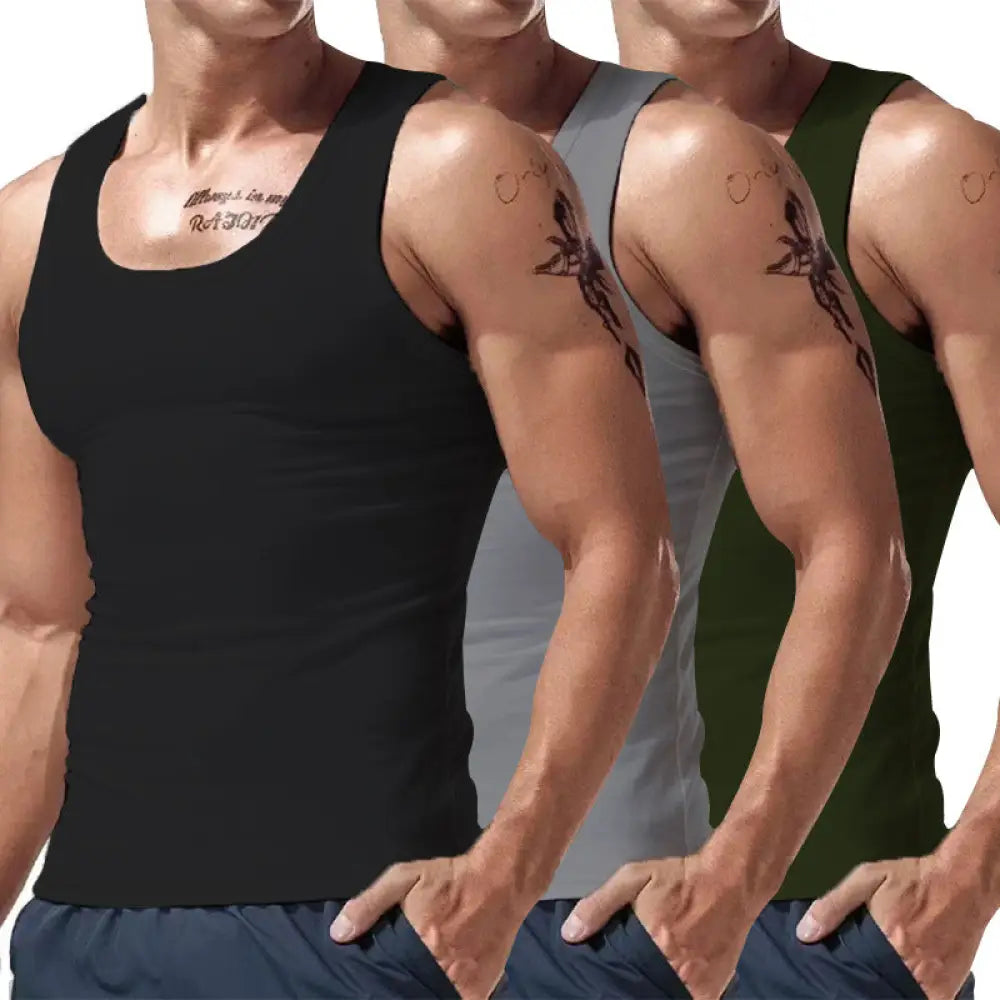 Men’s 3-piece multicolor summer tank top set featuring black gray and olive green sleeveless stretchy athletic fabric