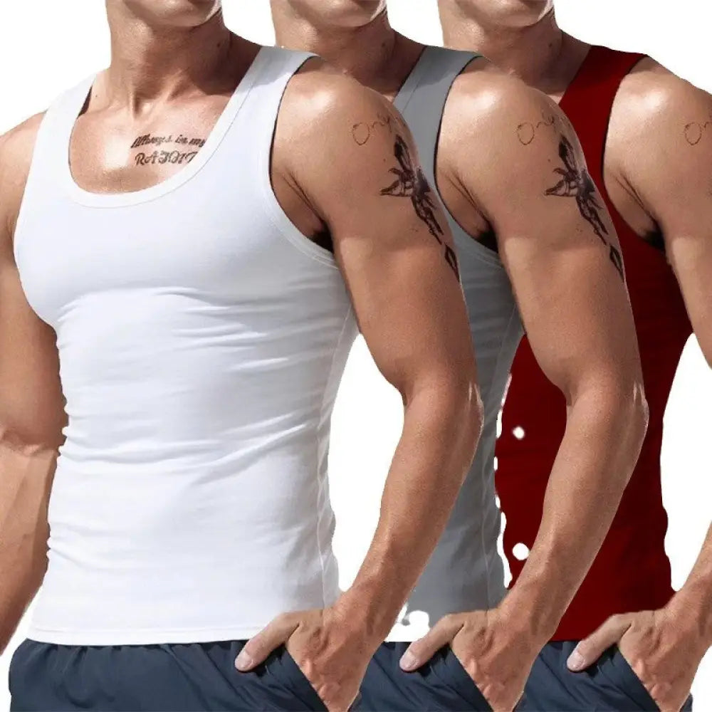 Men’s 3-piece multicolor summer tank top set with white gray and red sleeveless stretchy fabric scoop neck tops