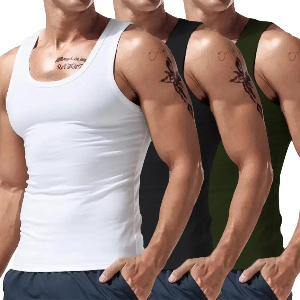 Men’s 3-piece multicolor summer tank top set in white black and olive green stretchy fabric with scoop neckline