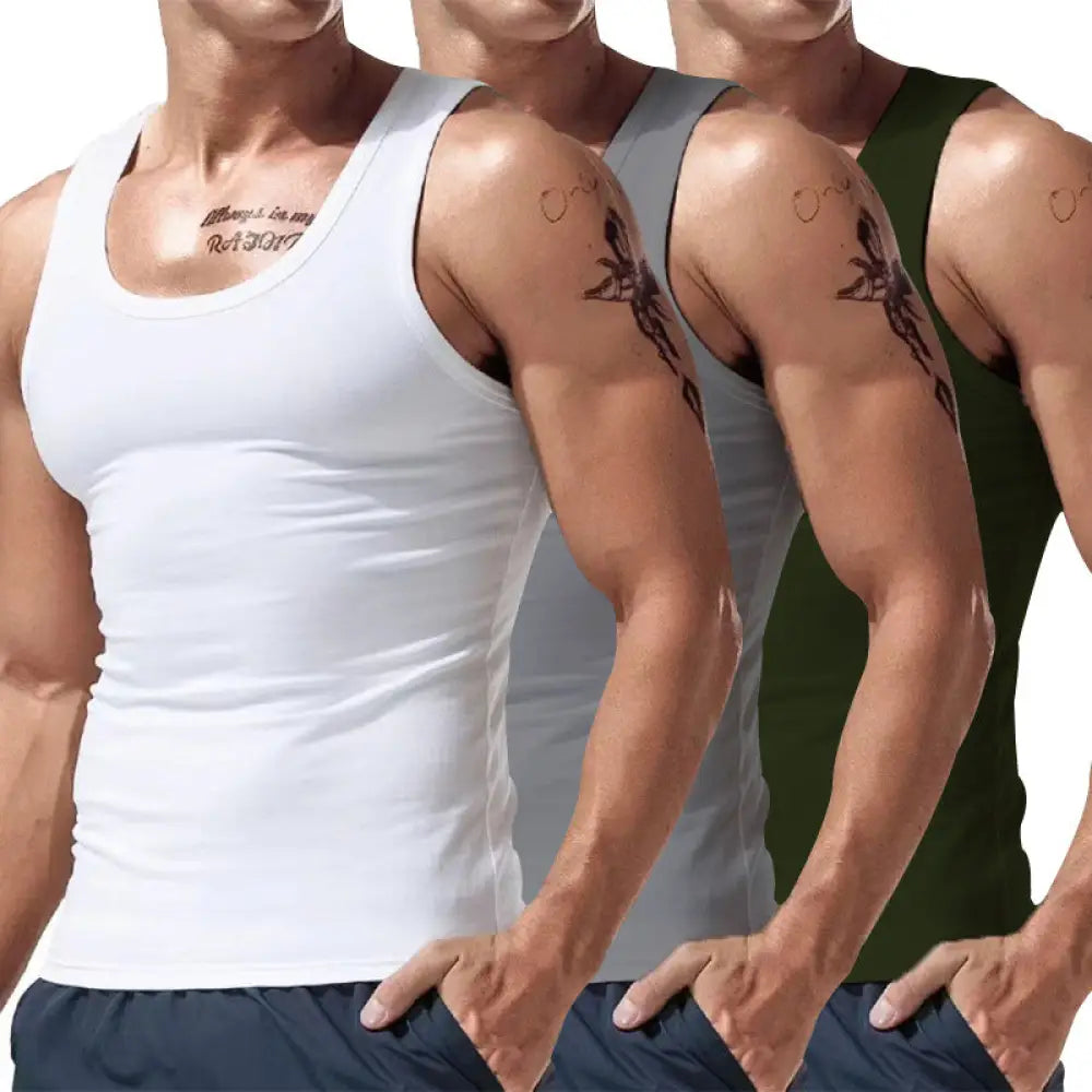White fitted tank top with scoop neckline and subtle chest text from men’s 3-piece multicolor summer tank top set