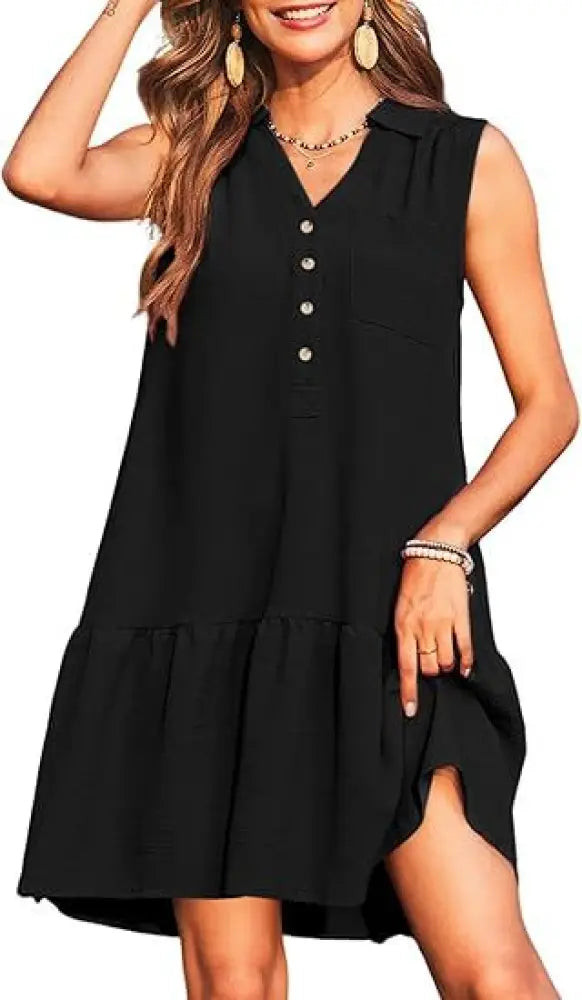 Black sleeveless summer dress with v-neckline, button-front detail, and tiered hem perfect for warm weather