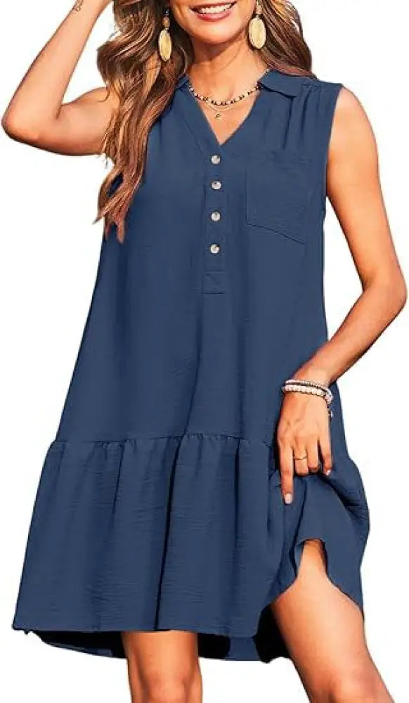 Navy blue sleeveless summer dress with v-neck button-front detail and tiered hemline for elegant wear