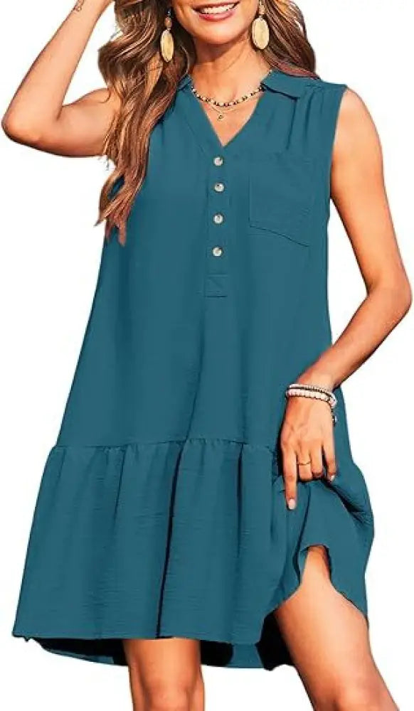 Teal sleeveless summer dress with v-neck, button-front detail, and tiered hem for casual wear