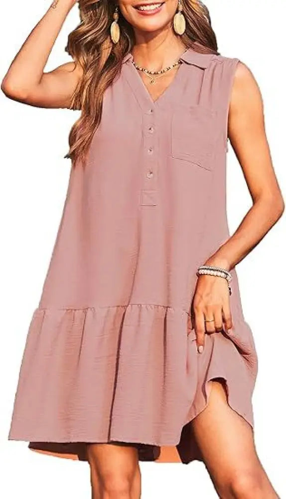 A soft mauve tiered v-neck sleeveless summer dress with button front and flowing fabric