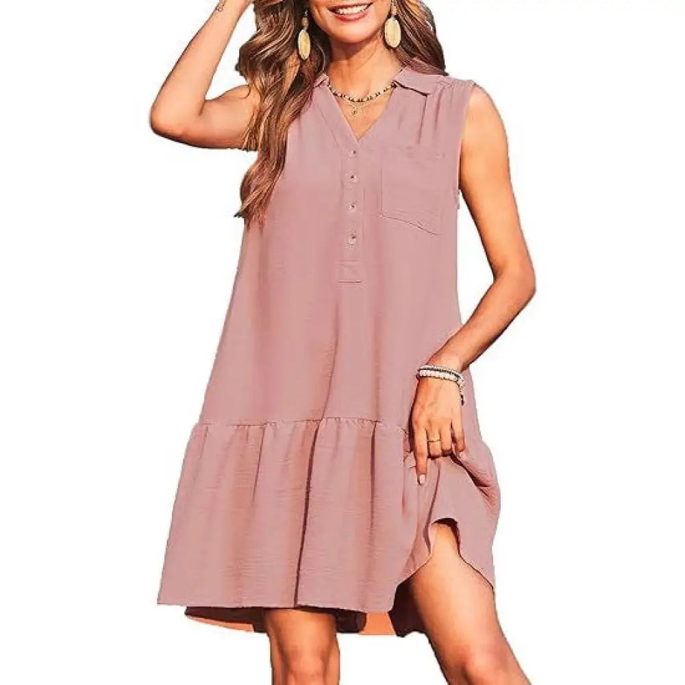 A soft mauve tiered v-neck sleeveless button-front summer dress with a collar and tiered hem