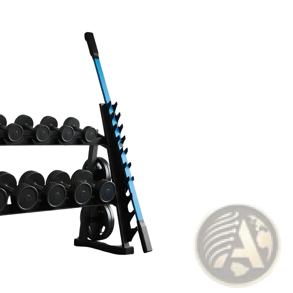 Black and blue spring arm exerciser weight rack with adjustable dumbbell holders for upper body strength training