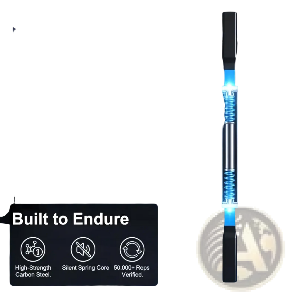 Black and silver cylindrical spring arm exerciser with visible internal spring illuminated by blue light for upper body training